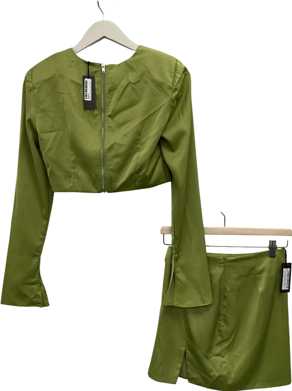 Misspap Green Premium Satin Shoulder Pad Split Skirt Co-ord UK 6