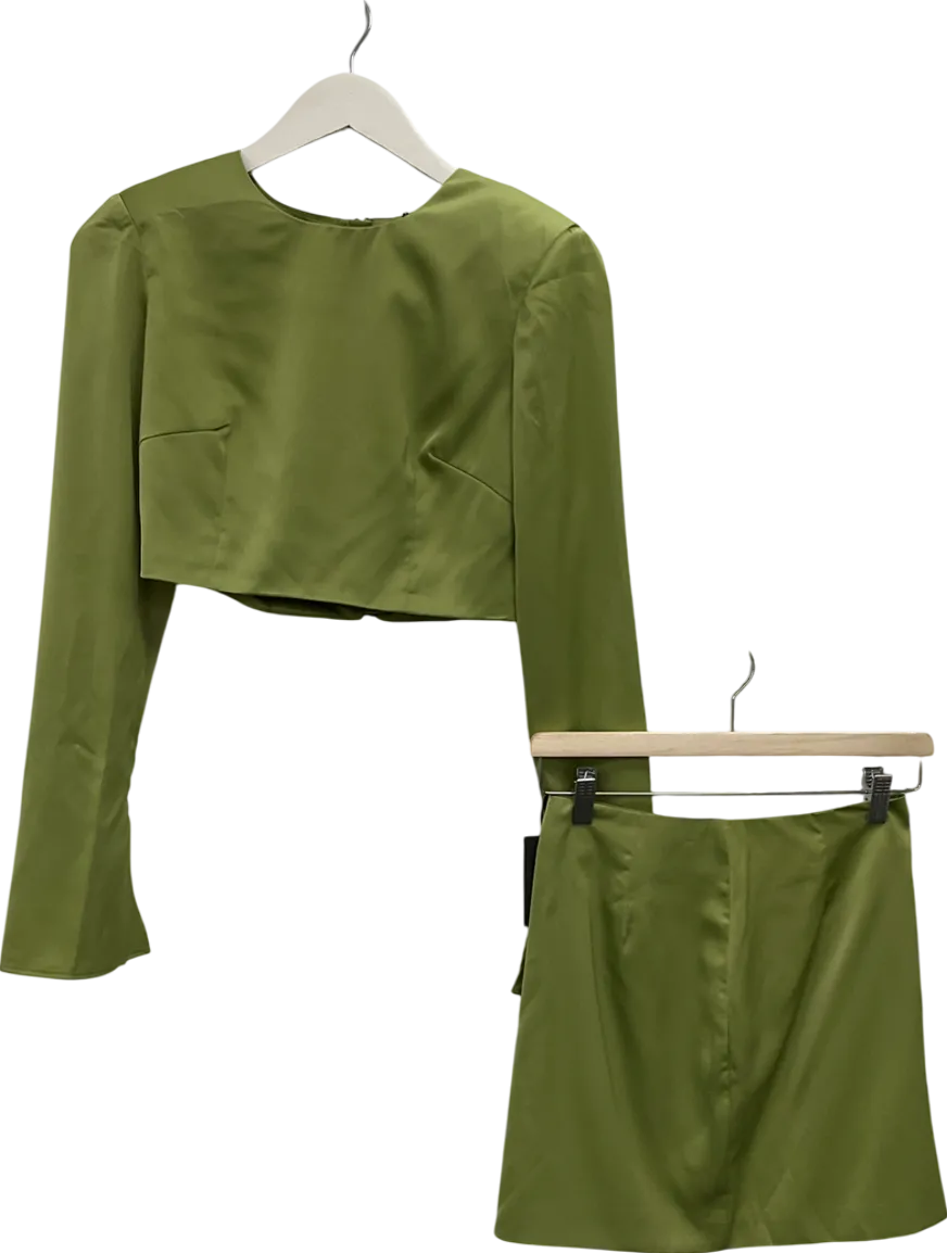 Misspap Green Premium Satin Shoulder Pad Split Skirt Co-ord UK 6