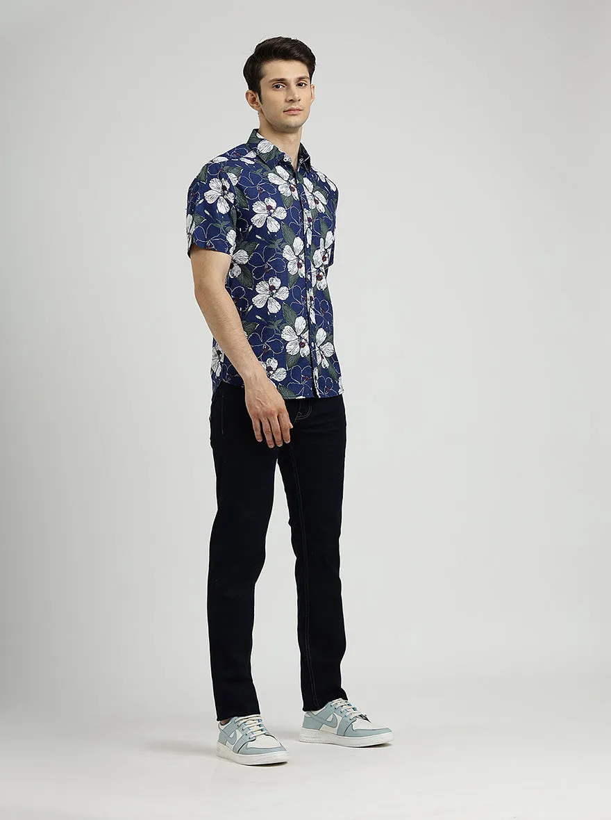 Navy Blue Printed Slim Fit Casual Shirt | Greenfibre