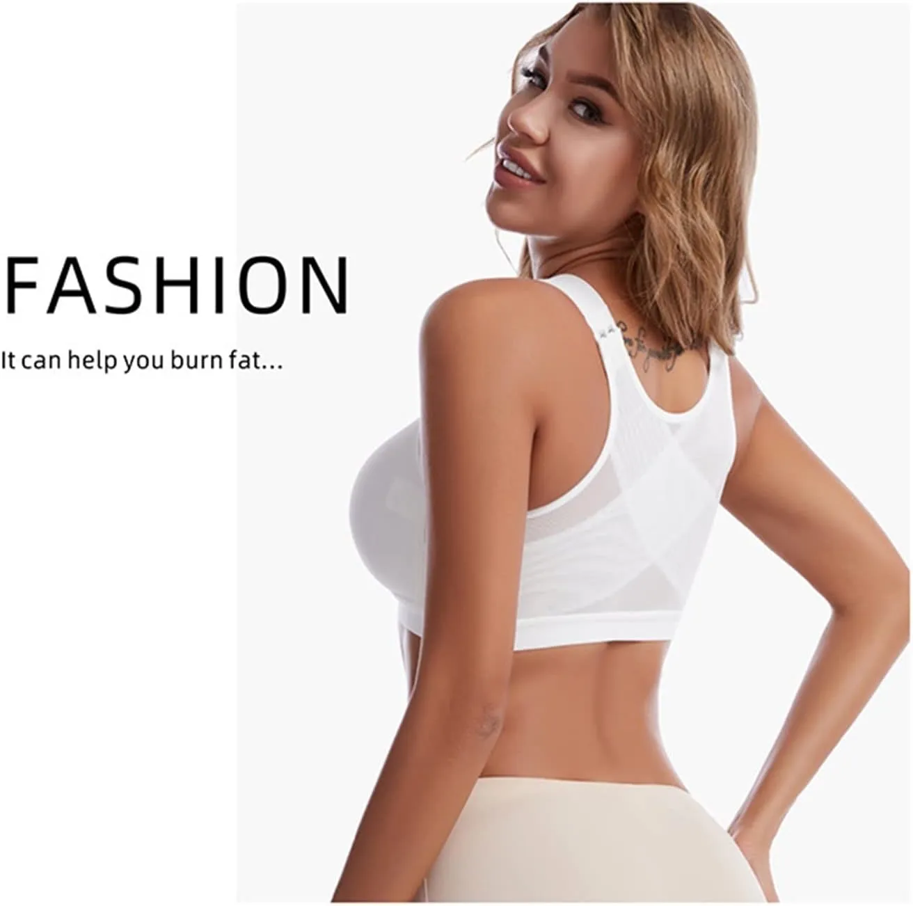 NEW Front Closure Posture Corrector Lift Up Bra Women Push Up Cross Back Underwear Shockproof Sports Support Fitness Vest Bras, White, Sz 4XL, Fits like 1X-2X