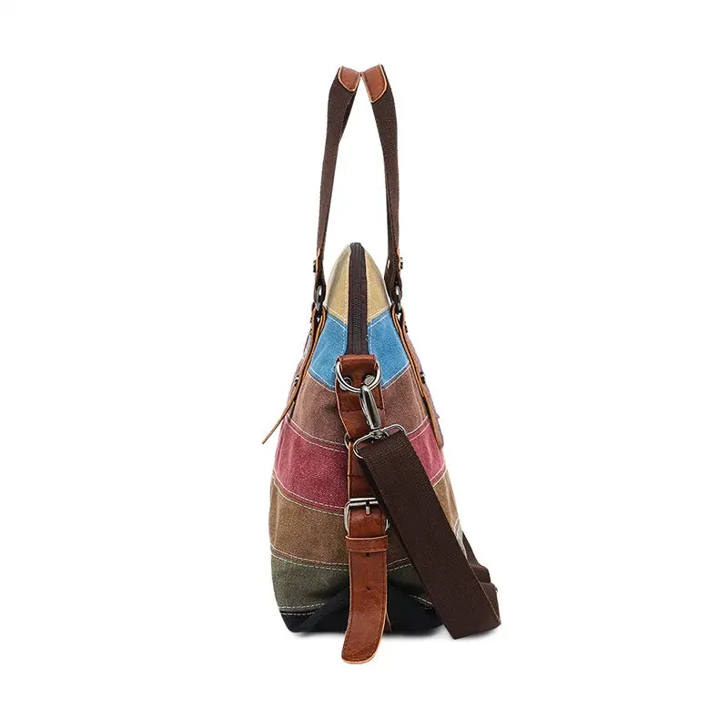 New Striped Fashion Splice Women's Wash Canvas Shoulder Tote Bag