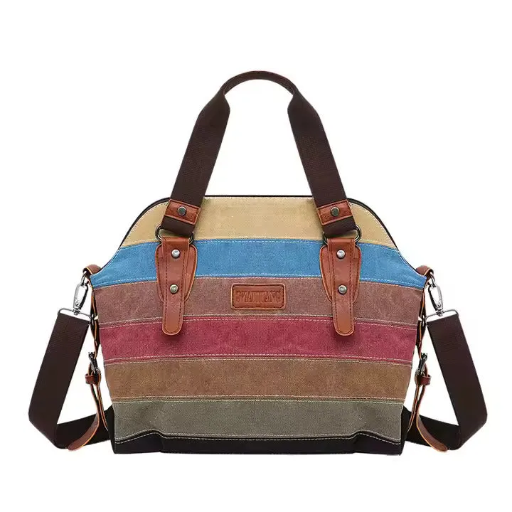 New Striped Fashion Splice Women's Wash Canvas Shoulder Tote Bag