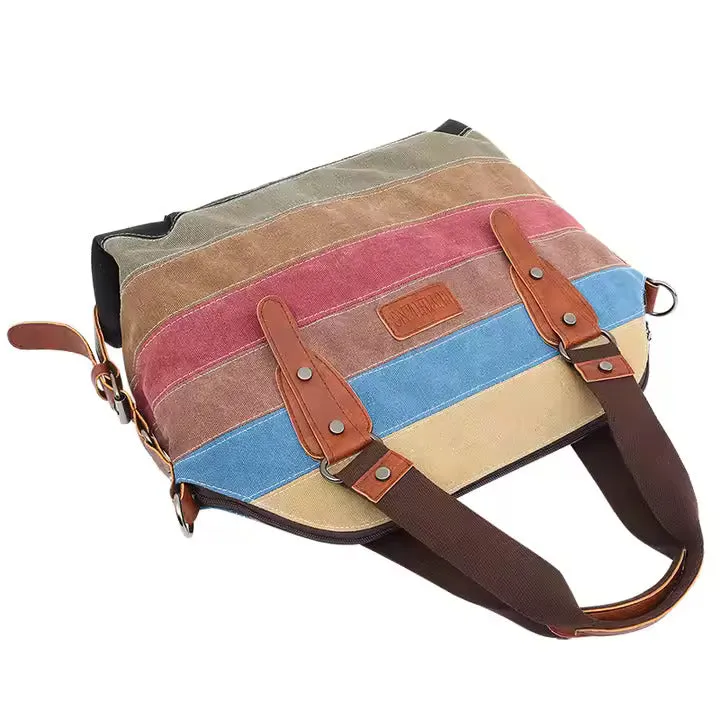 New Striped Fashion Splice Women's Wash Canvas Shoulder Tote Bag