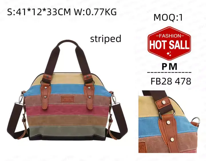 New Striped Fashion Splice Women's Wash Canvas Shoulder Tote Bag