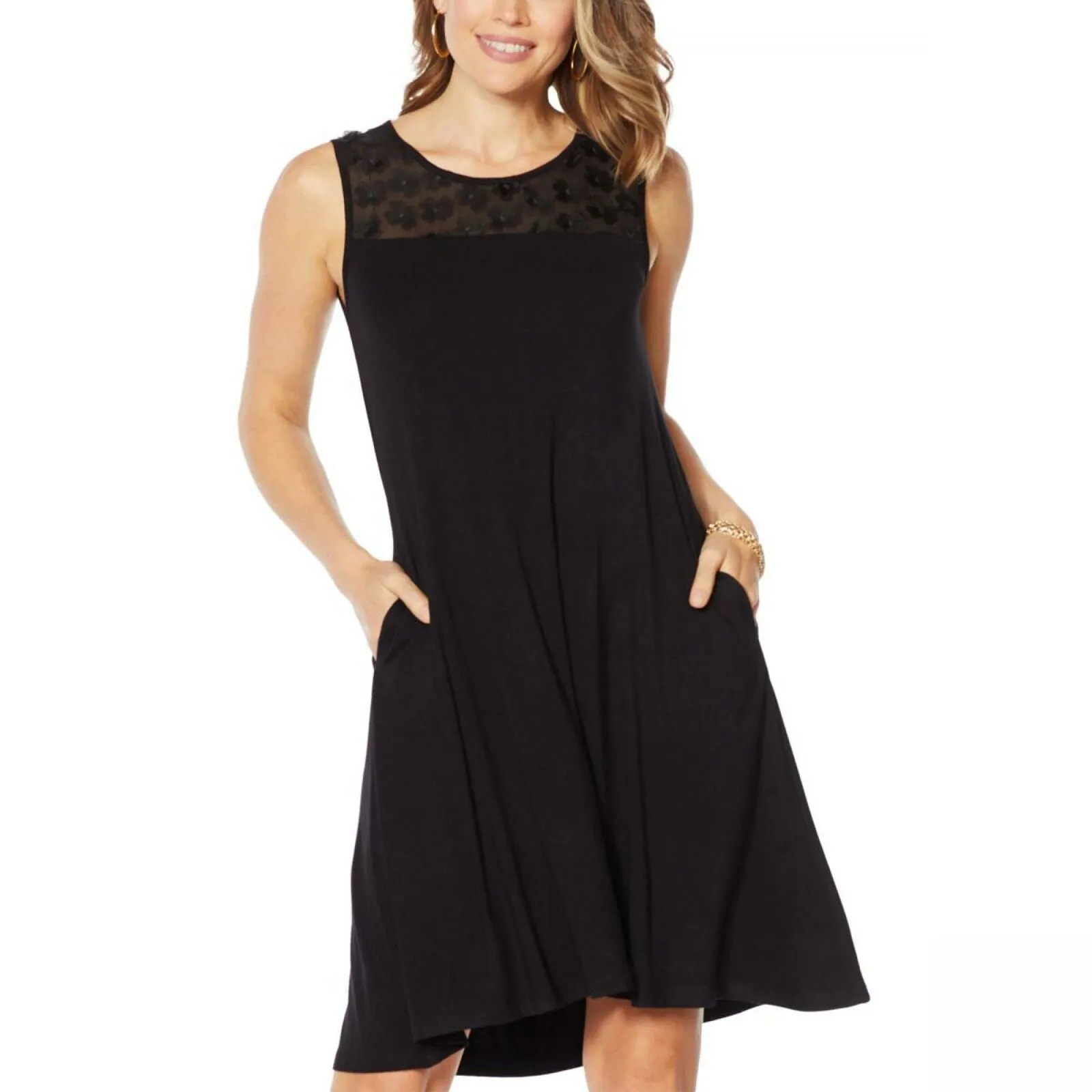 Nina Leonard Women's Sleeveless Dress with 3D Floral Chiffon Yoke Black Small