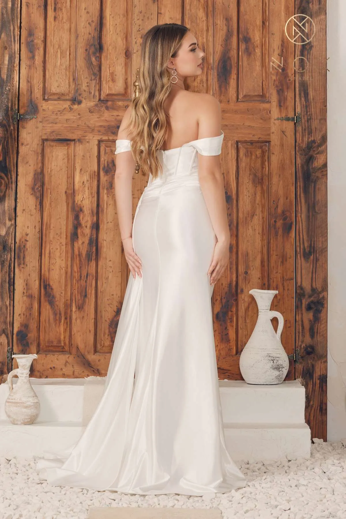 Nox Anabel E1043W Detachable Off Shoulder Straps Bustier Corset Satin Dress