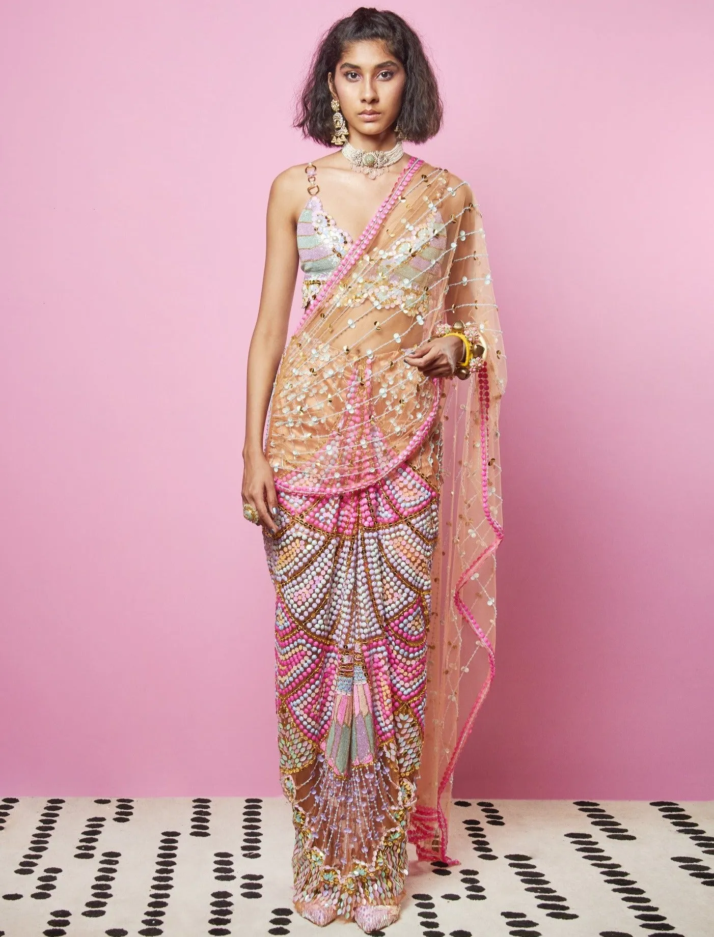 Nude Pre-stitched Saree Set