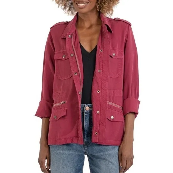 NWT KUT from the Kloth Brinley Utility Jacket Bordeaux Sz L Full Zip Pockets