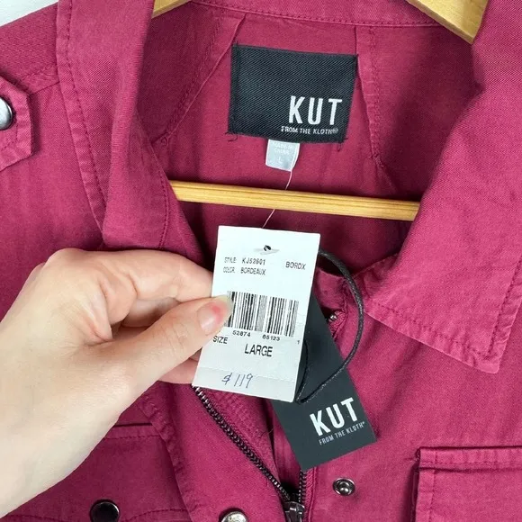 NWT KUT from the Kloth Brinley Utility Jacket Bordeaux Sz L Full Zip Pockets