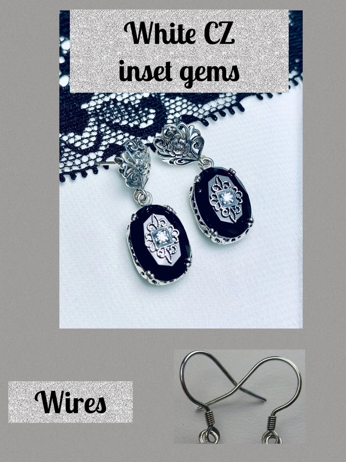 Onyx Earrings, Sterling Silver Embellishment, Vintage Edwardian Jewelry #E70e