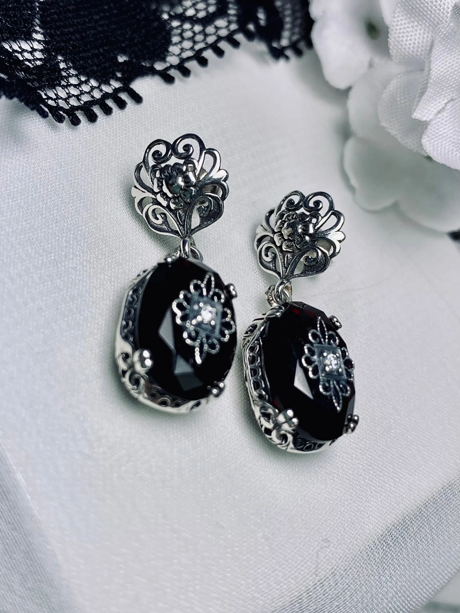 Onyx Earrings, Sterling Silver Embellishment, Vintage Edwardian Jewelry #E70e