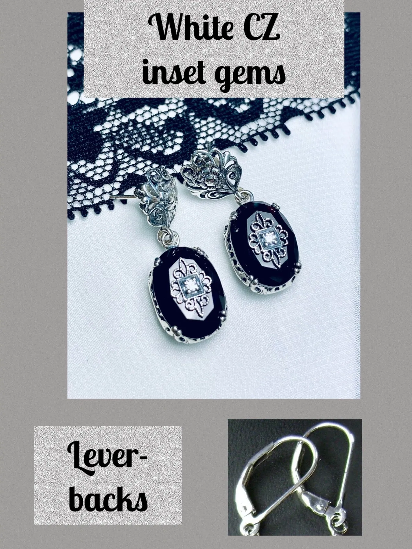 Onyx Earrings, Sterling Silver Embellishment, Vintage Edwardian Jewelry #E70e