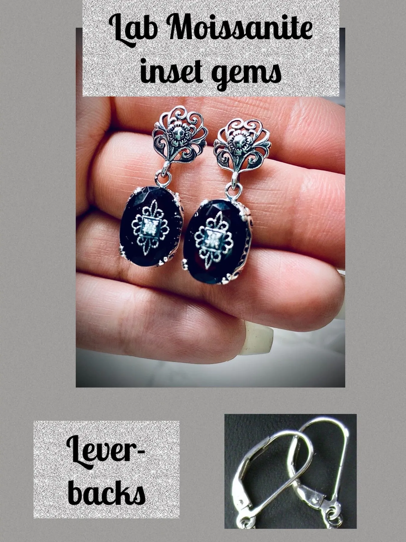 Onyx Earrings, Sterling Silver Embellishment, Vintage Edwardian Jewelry #E70e