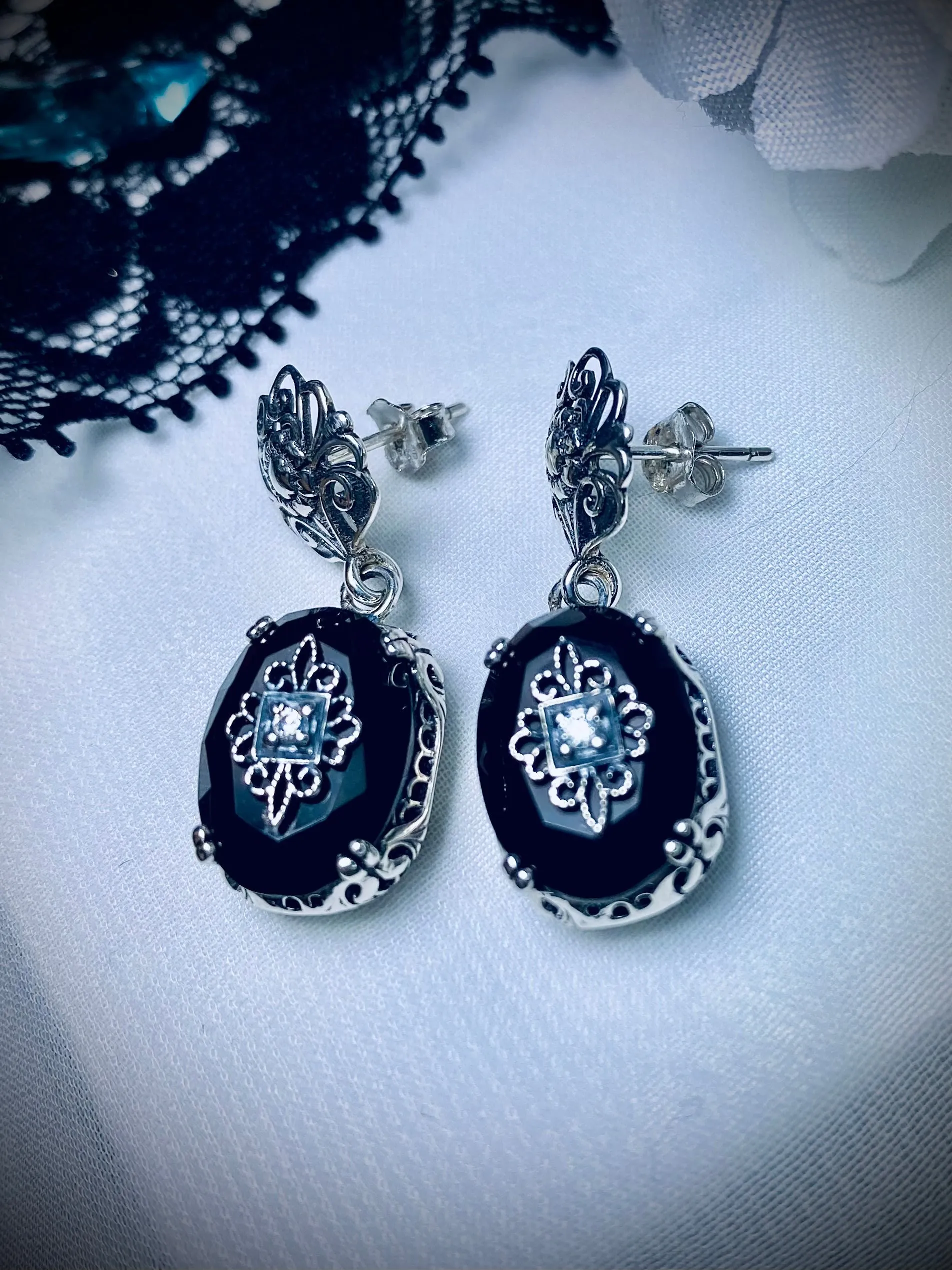 Onyx Earrings, Sterling Silver Embellishment, Vintage Edwardian Jewelry #E70e
