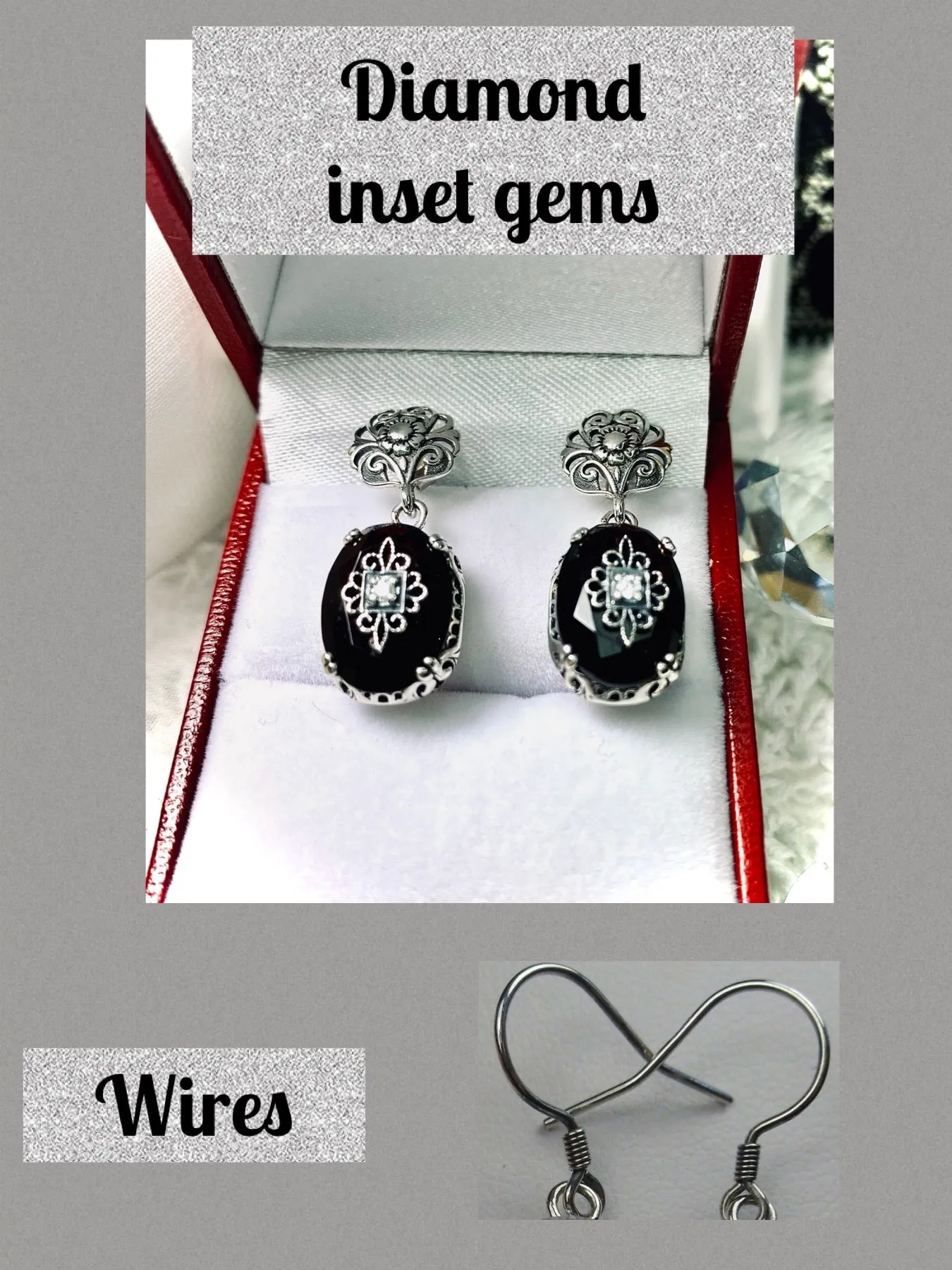 Onyx Earrings, Sterling Silver Embellishment, Vintage Edwardian Jewelry #E70e
