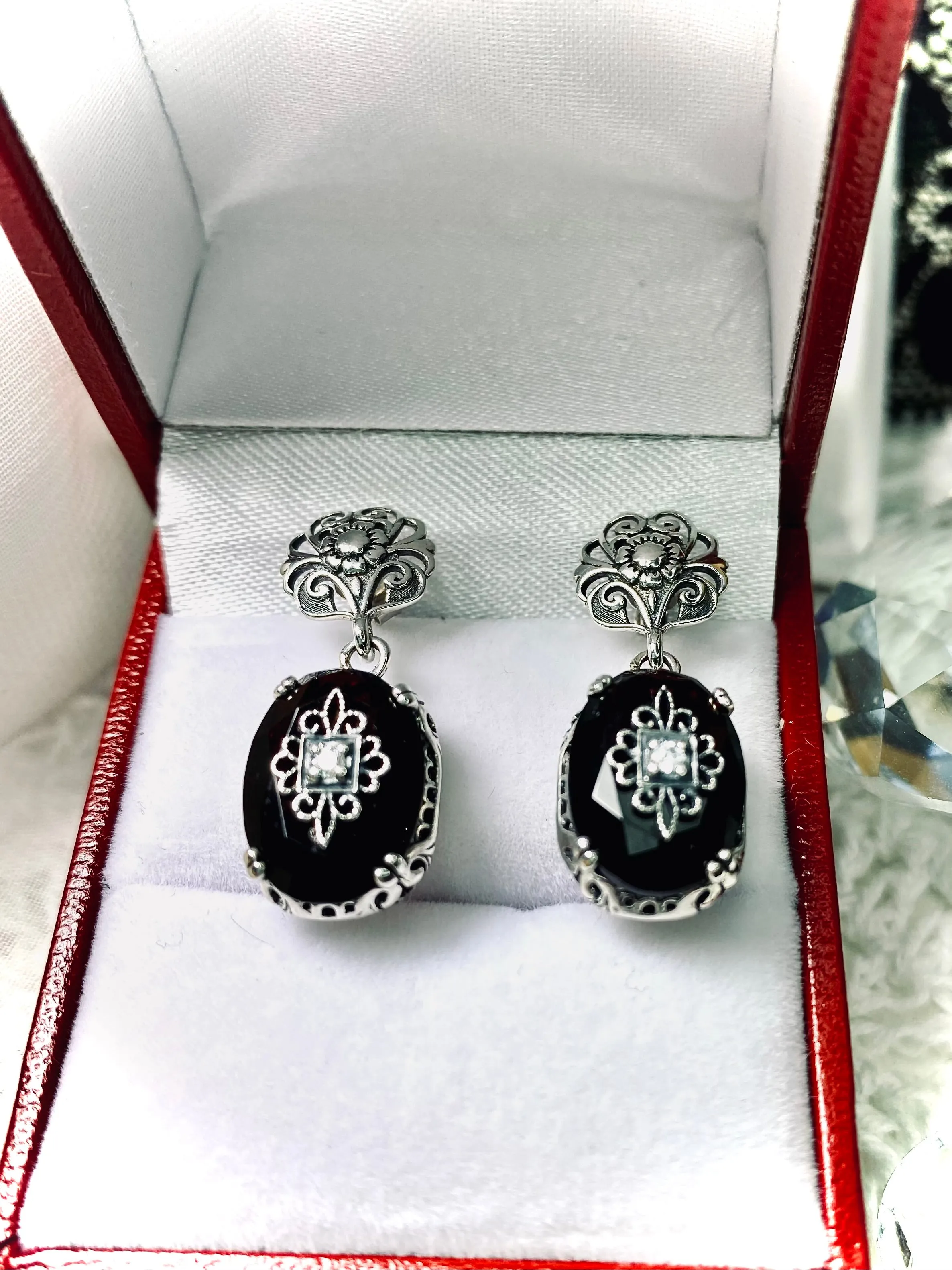 Onyx Earrings, Sterling Silver Embellishment, Vintage Edwardian Jewelry #E70e