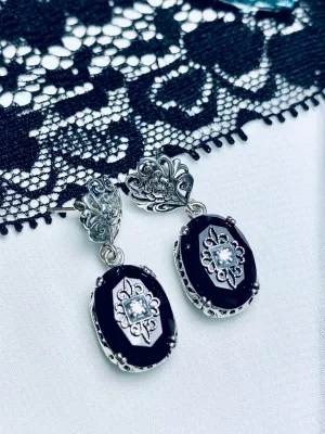 Onyx Earrings, Sterling Silver Embellishment, Vintage Edwardian Jewelry #E70e