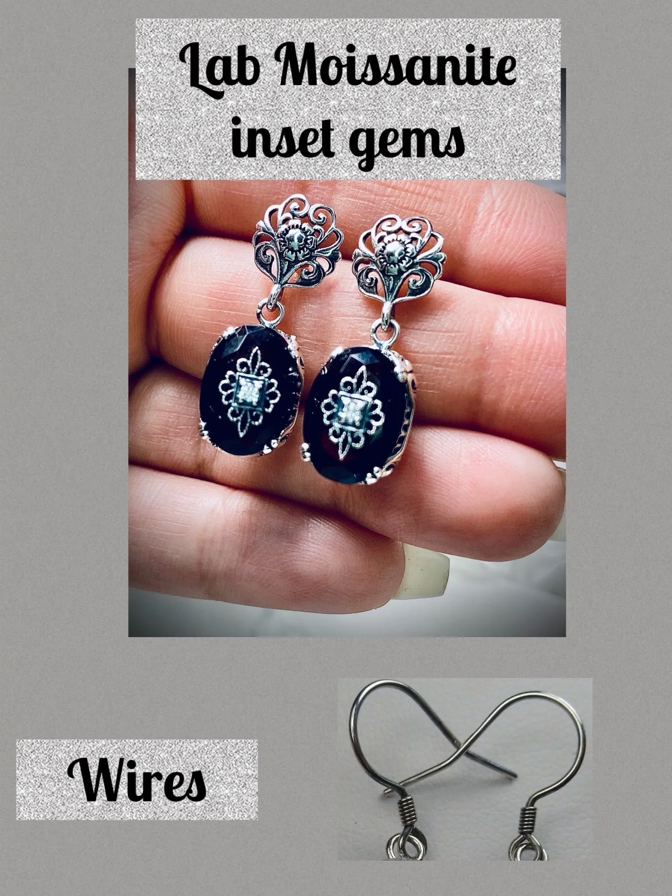 Onyx Earrings, Sterling Silver Embellishment, Vintage Edwardian Jewelry #E70e