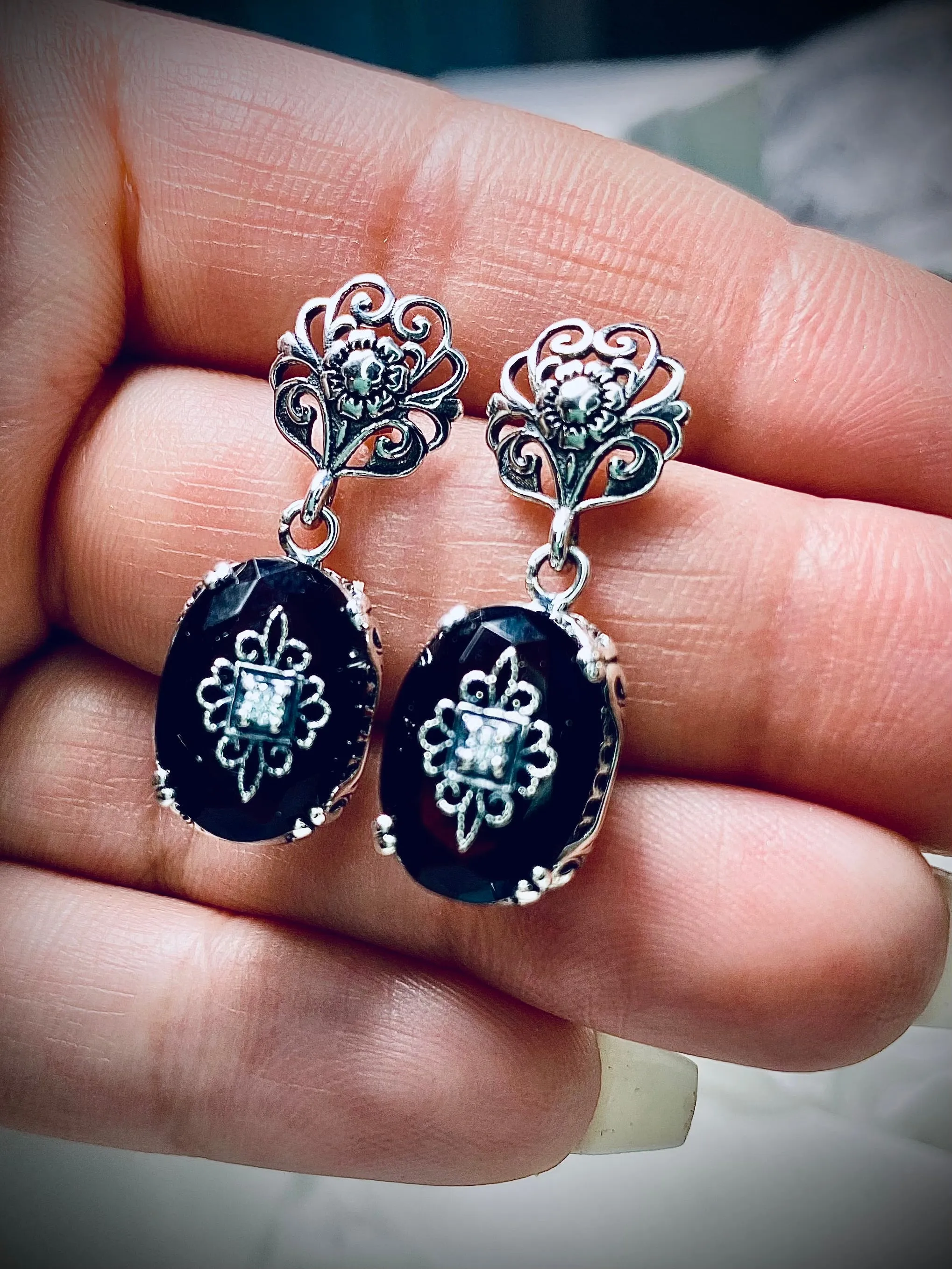 Onyx Earrings, Sterling Silver Embellishment, Vintage Edwardian Jewelry #E70e
