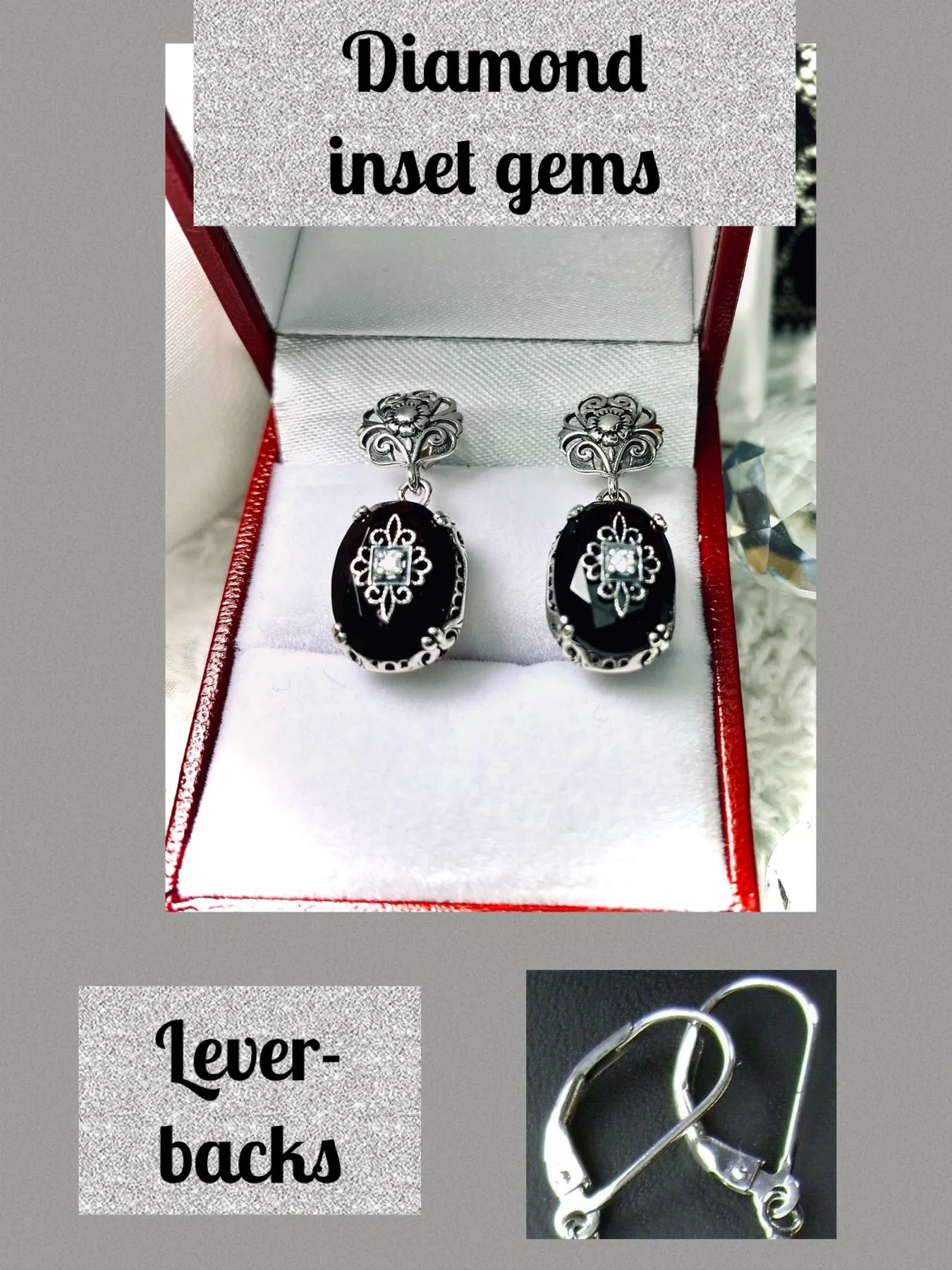 Onyx Earrings, Sterling Silver Embellishment, Vintage Edwardian Jewelry #E70e