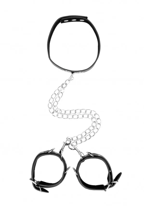 Ouch Black & White Bonded Leather Collar with Wrist Cuffs