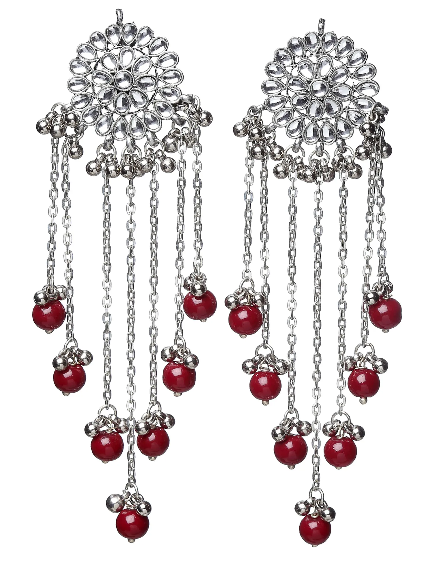 Oxidised Silver Kundan Tassel Earrings with Red Beads