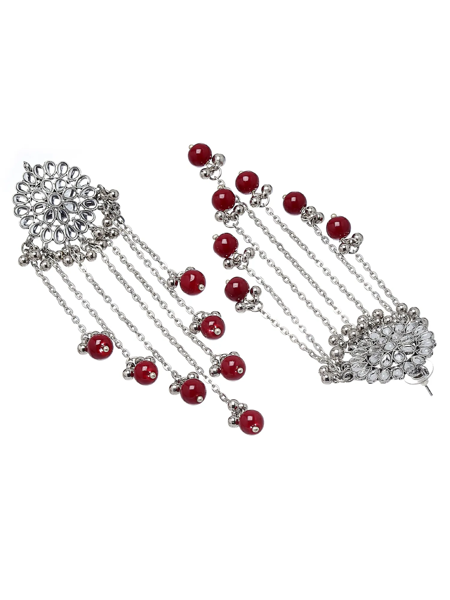 Oxidised Silver Kundan Tassel Earrings with Red Beads