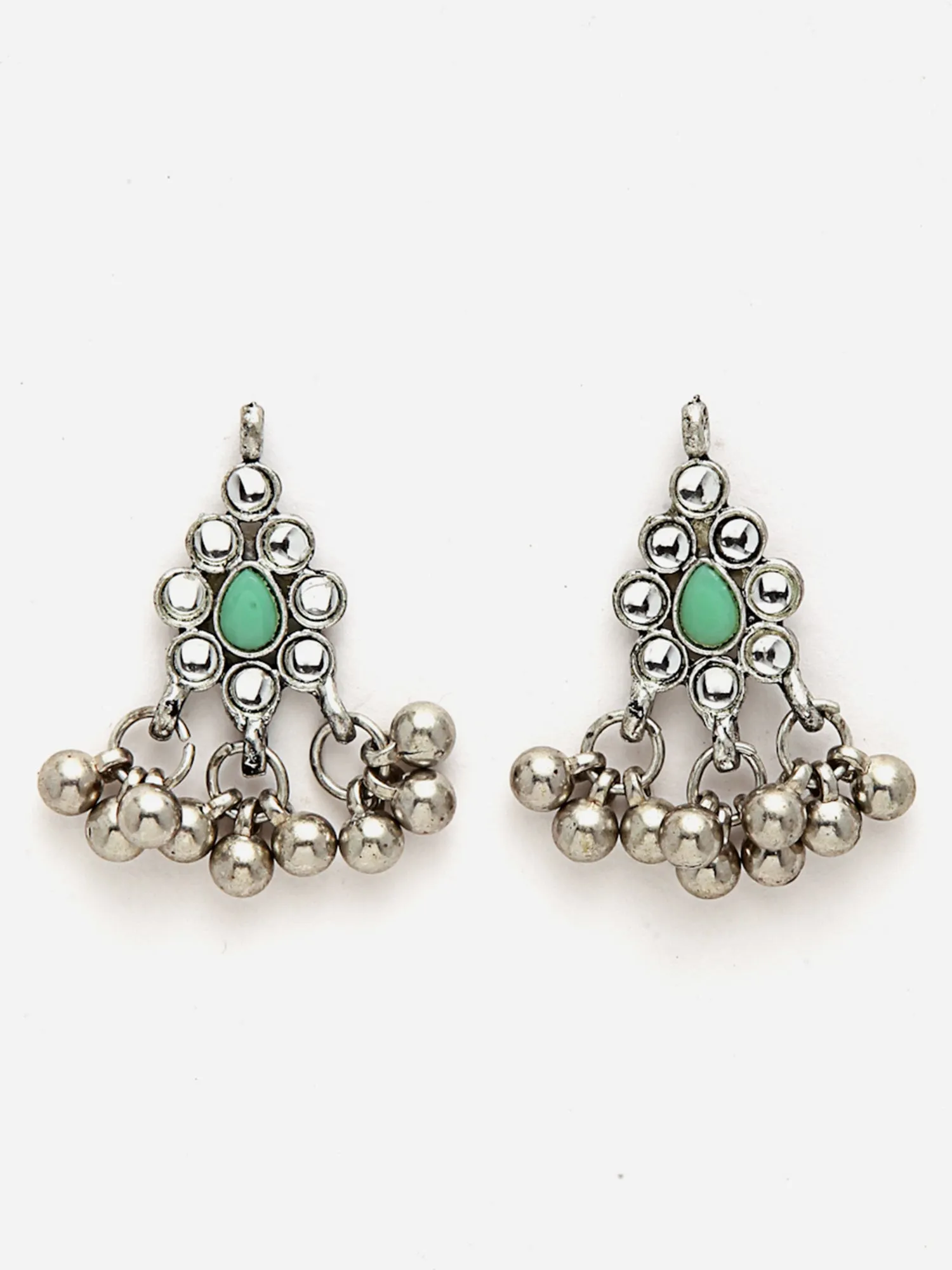 Oxidised Silver Light Green Kundan Studded Handcrafted Necklace Set