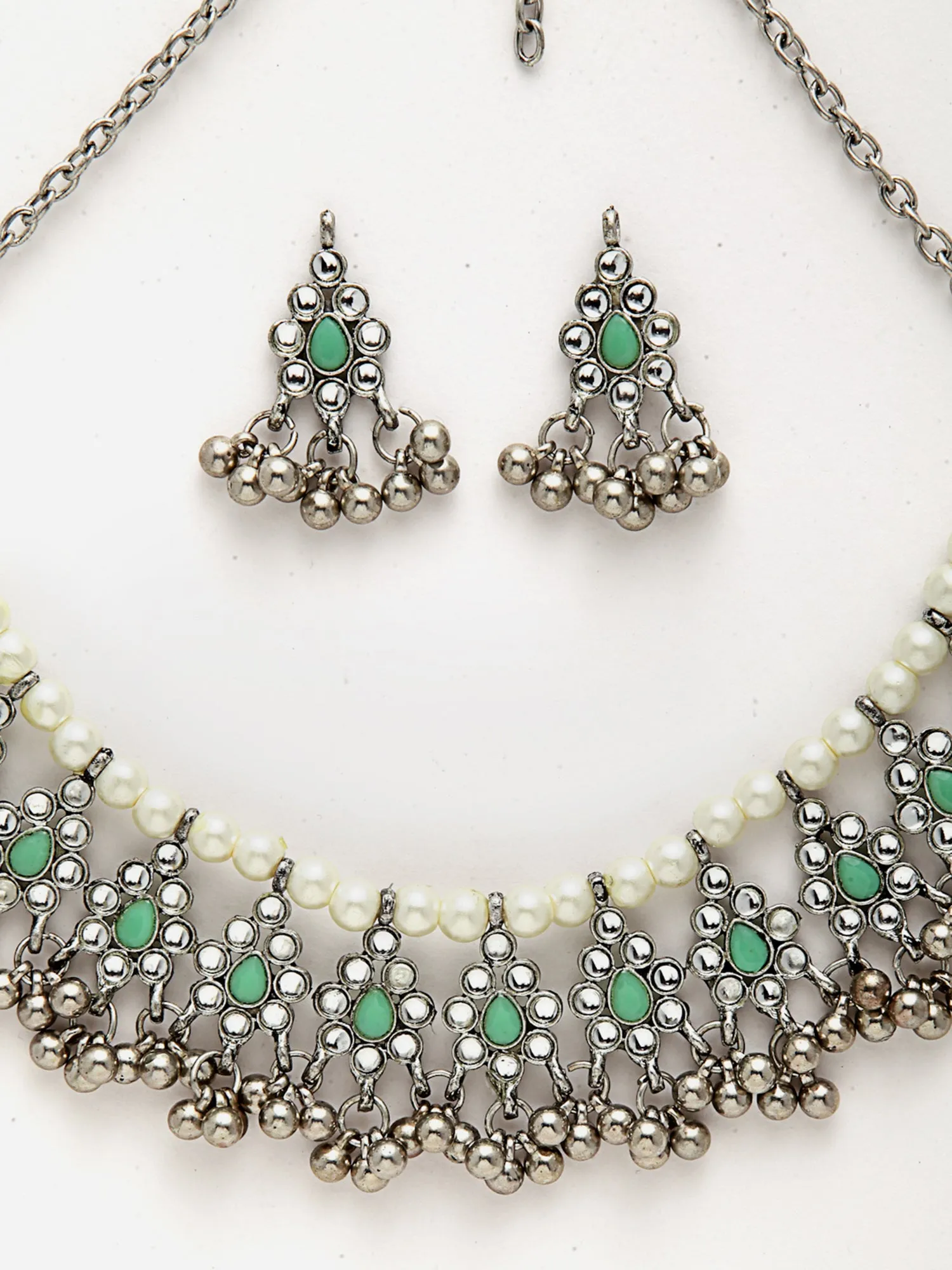 Oxidised Silver Light Green Kundan Studded Handcrafted Necklace Set