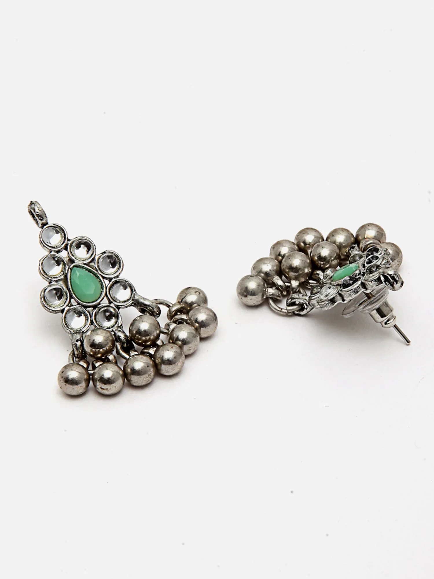Oxidised Silver Light Green Kundan Studded Handcrafted Necklace Set