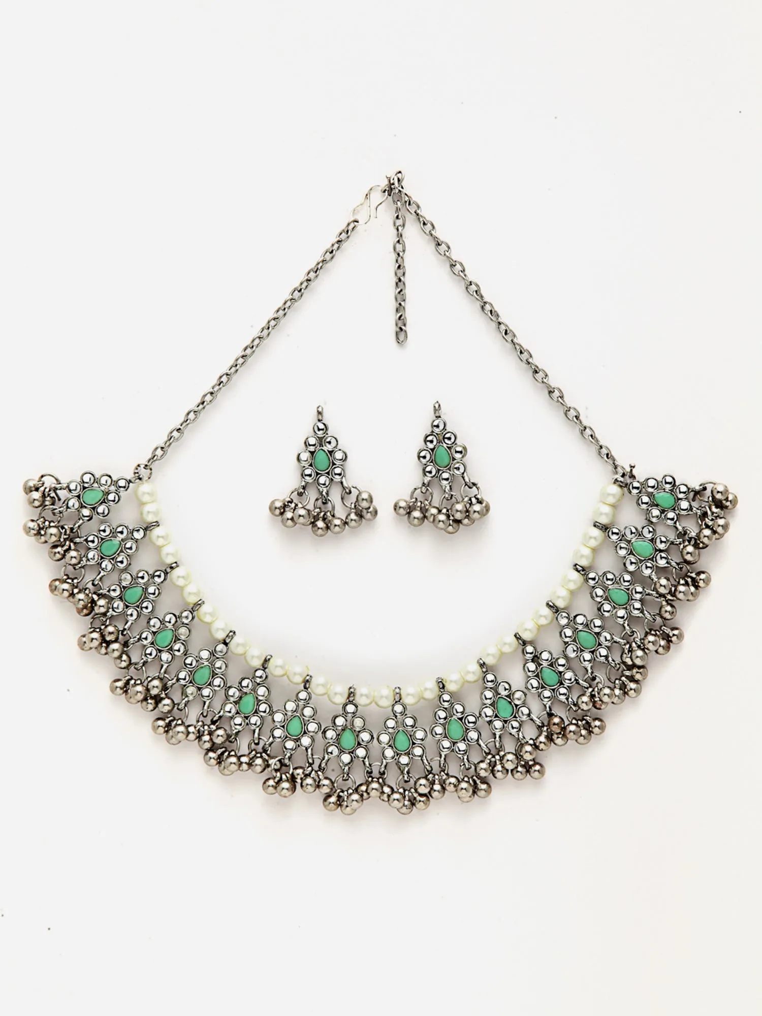 Oxidised Silver Light Green Kundan Studded Handcrafted Necklace Set