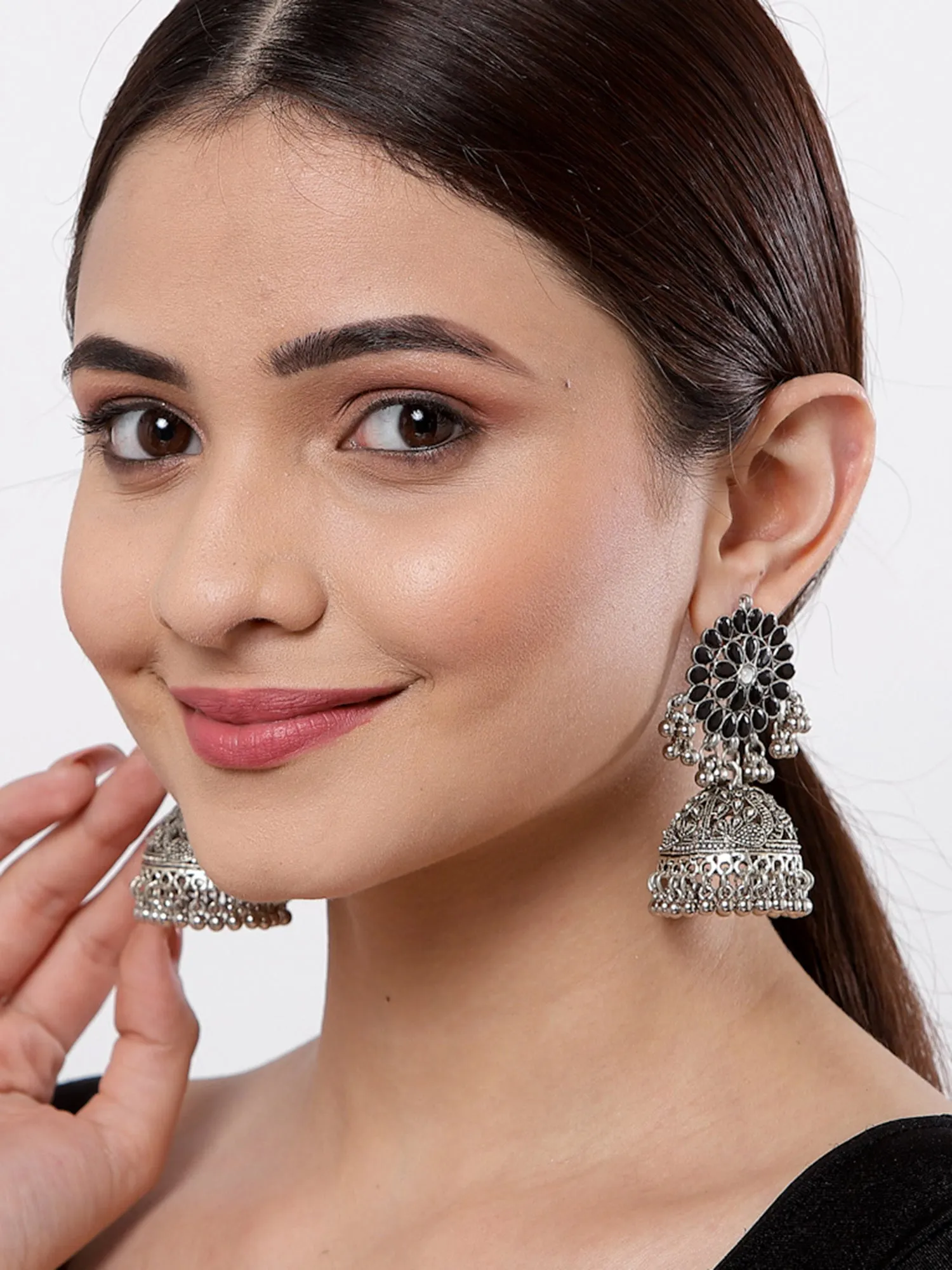 Oxidised Silver Peacock Jhumki Earrings