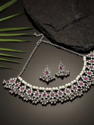 Oxidised Silver Red Kundan Studded Handcrafted Necklace Set