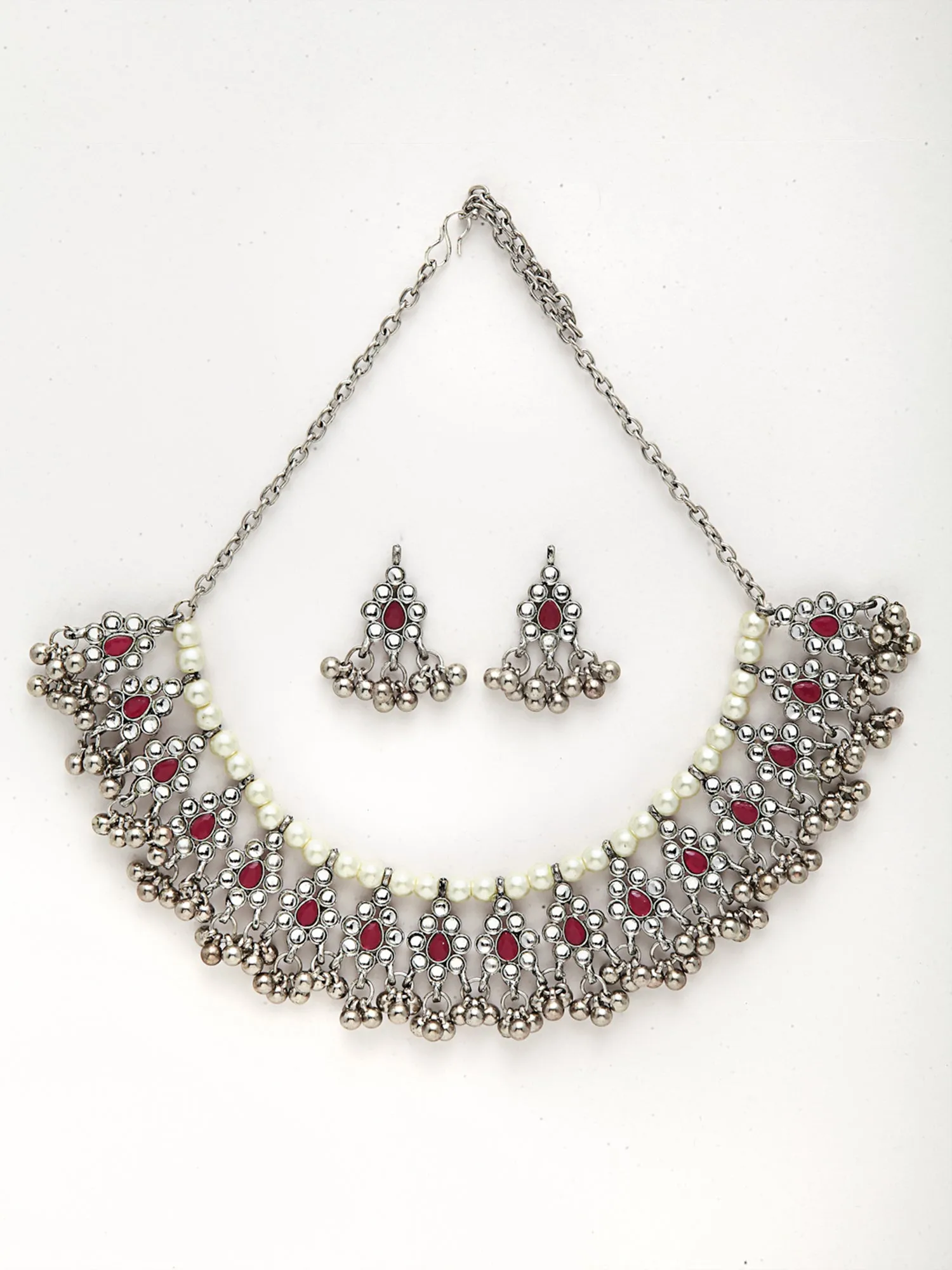 Oxidised Silver Red Kundan Studded Handcrafted Necklace Set