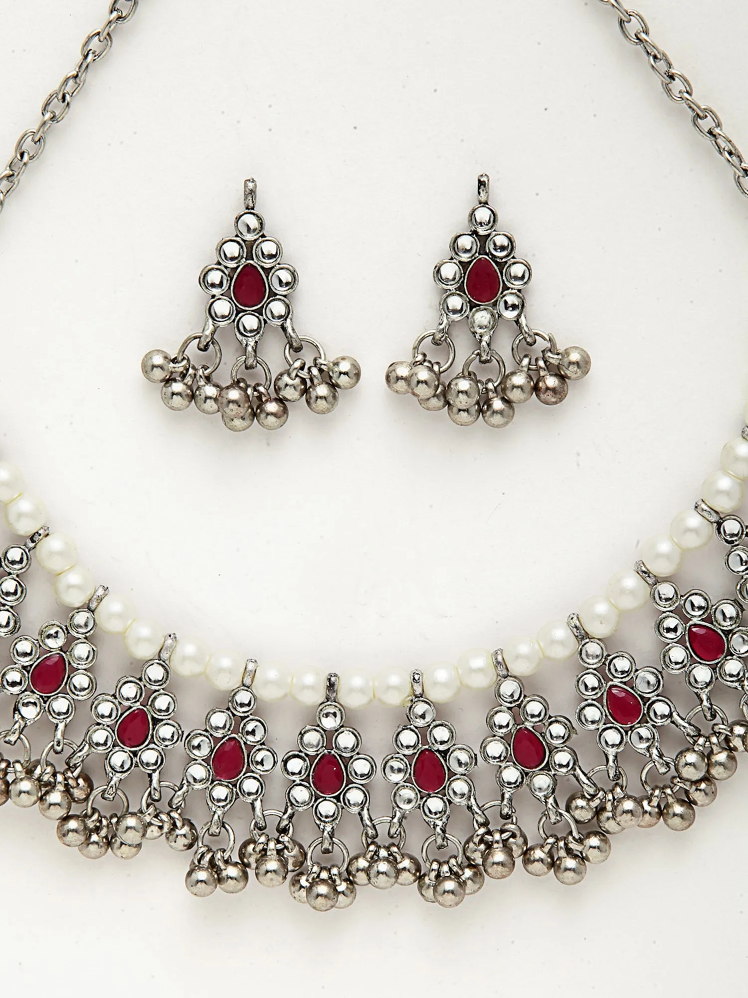 Oxidised Silver Red Kundan Studded Handcrafted Necklace Set