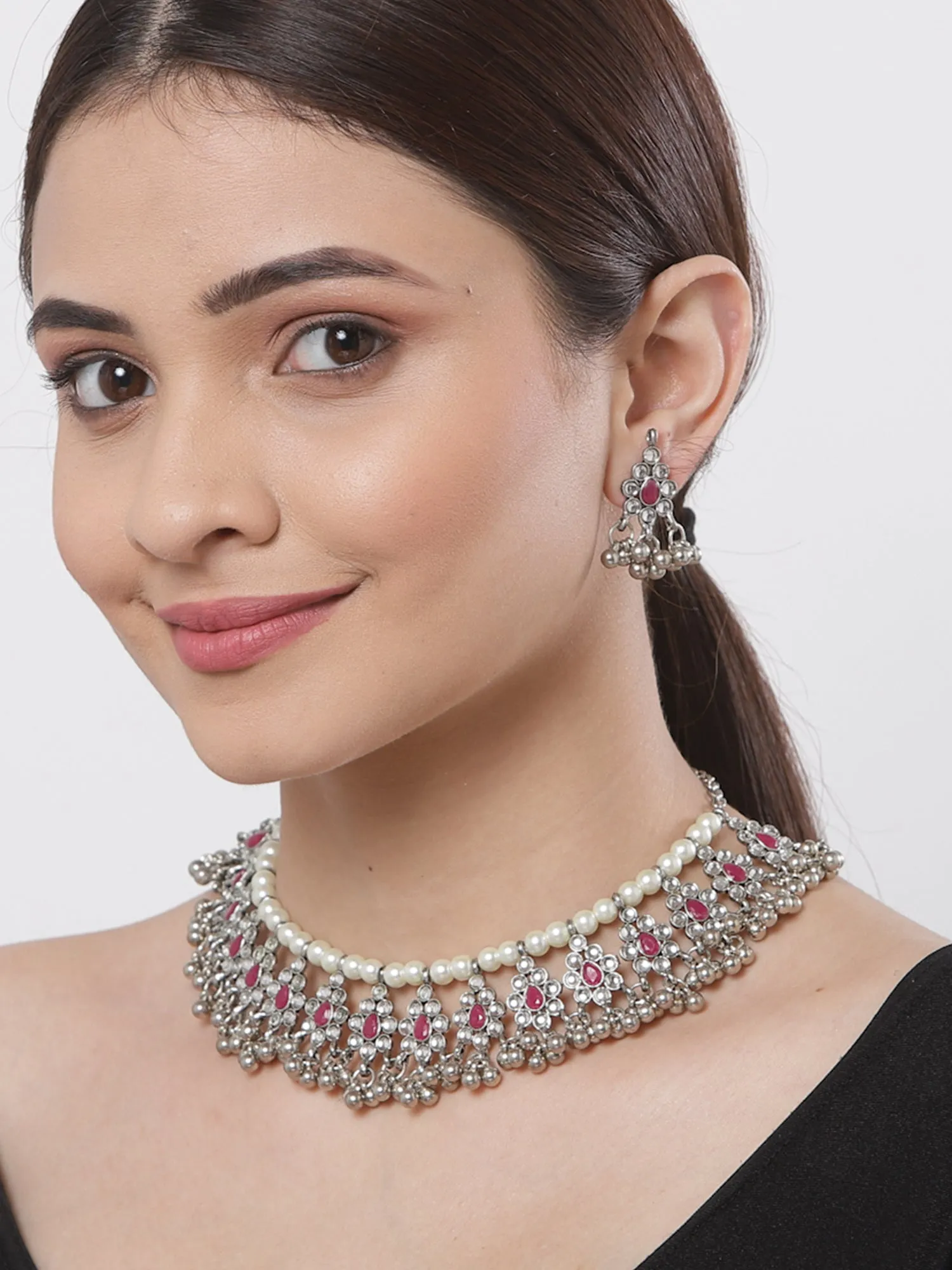 Oxidised Silver Red Kundan Studded Handcrafted Necklace Set