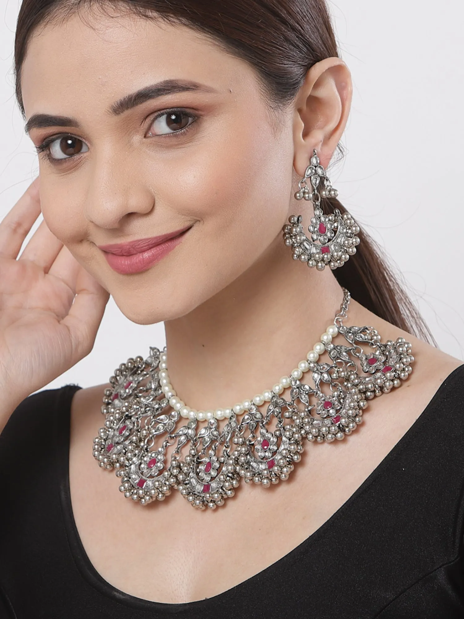 Oxidised Silver Red Kundan Studded Necklace Set