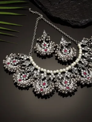 Oxidised Silver Red Kundan Studded Necklace Set