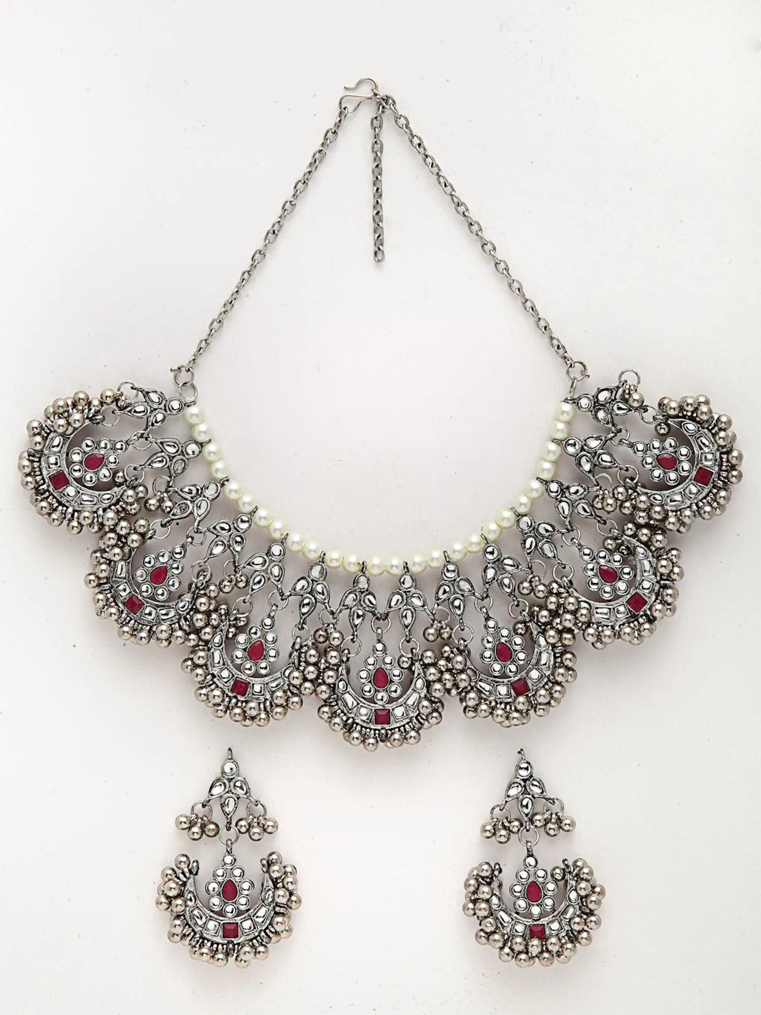 Oxidised Silver Red Kundan Studded Necklace Set