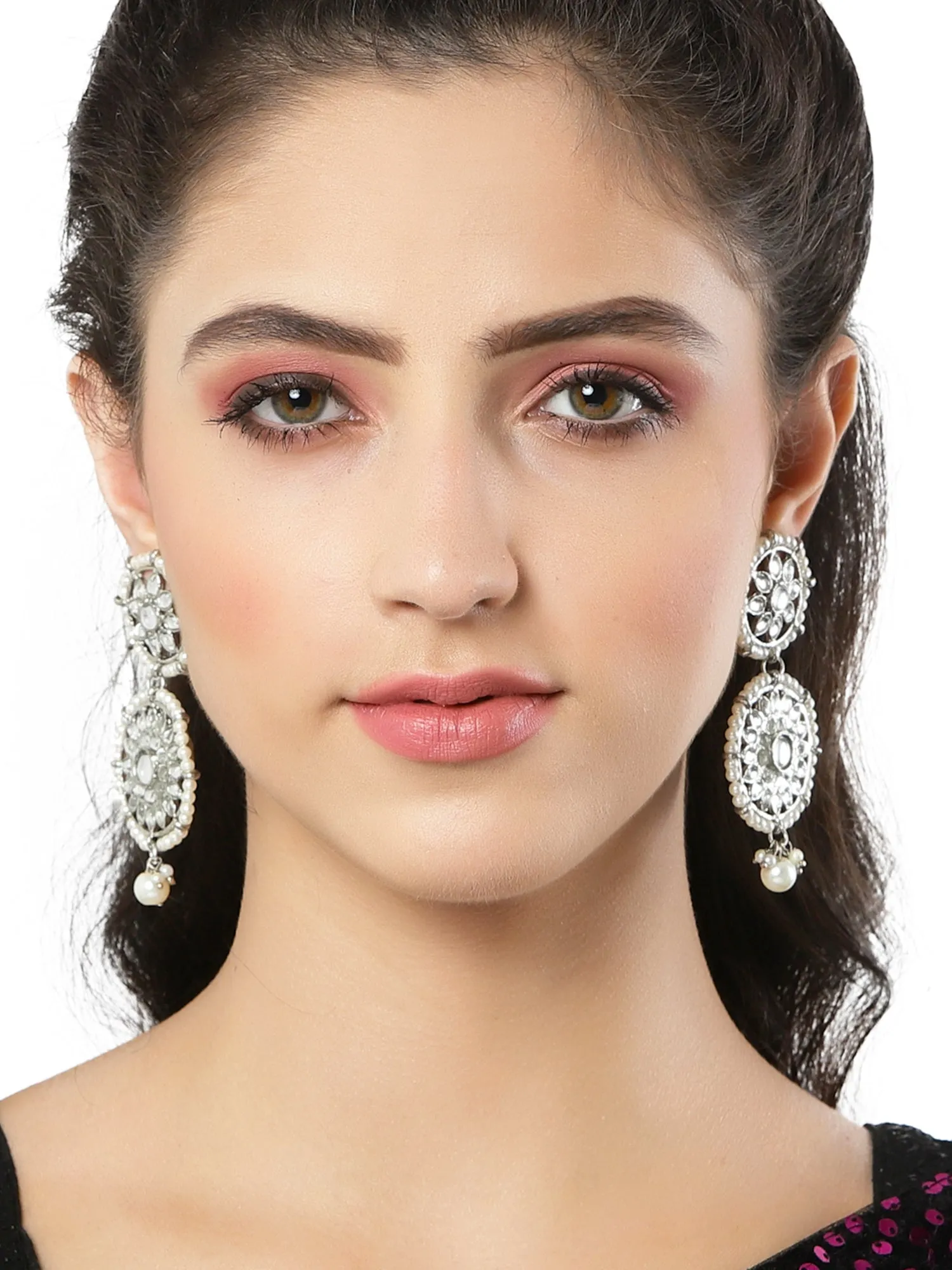 Oxidised Silver White Kundan Dangler Earrings for Women