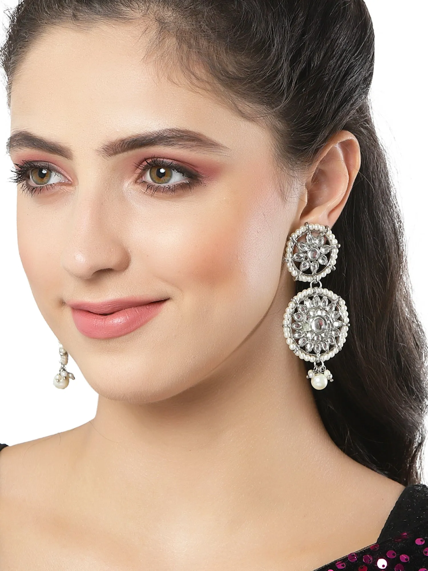 Oxidised Silver White Kundan Dangler Earrings for Women