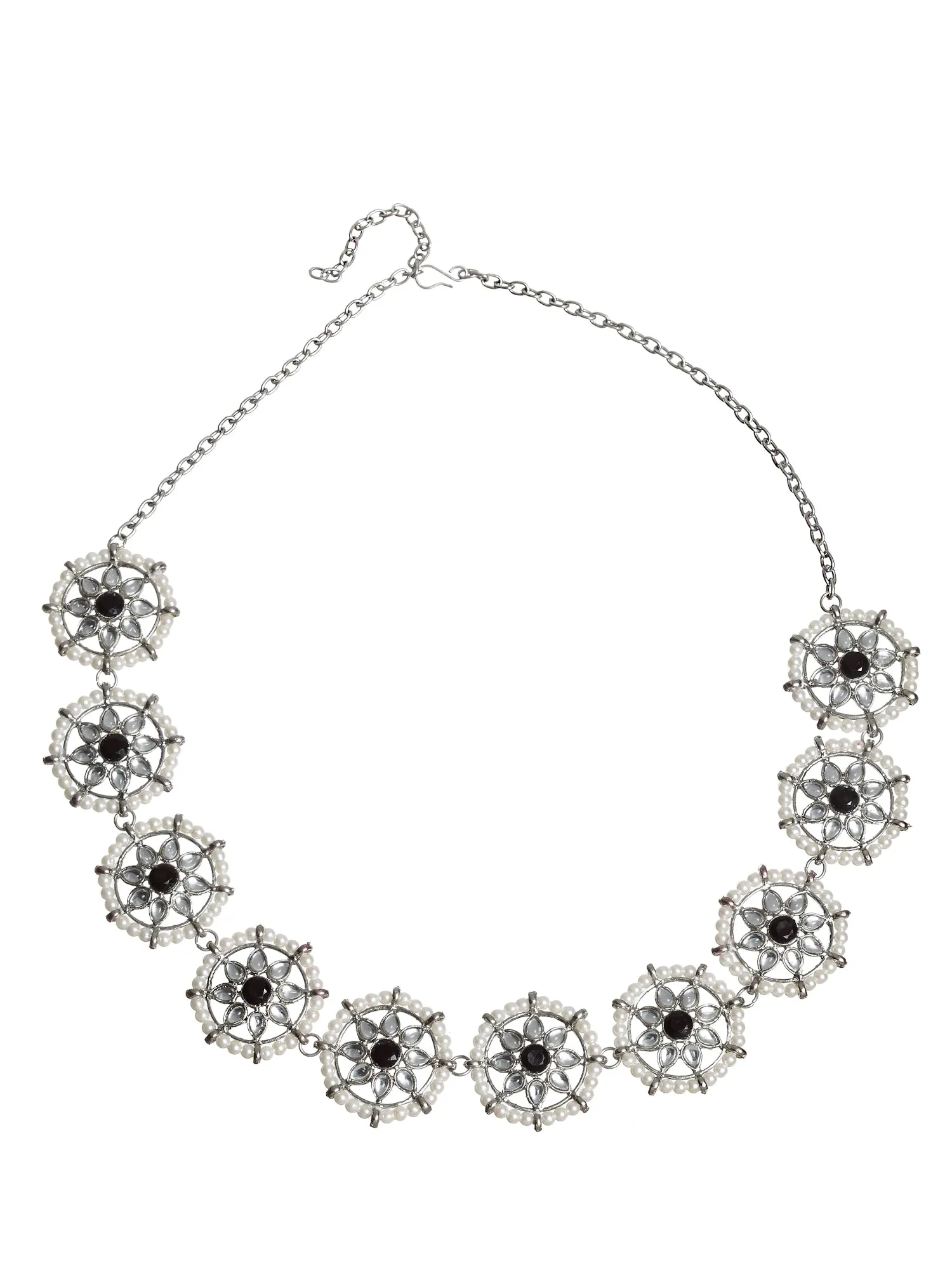 Oxidised Sliver-Toned Black Kundan Studded Hairband