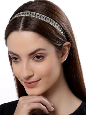 Oxidised Sliver-Toned Embellished Black Kundan Hairband