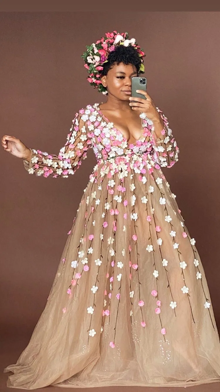 Oyemwen Nude Long Sleeve Floral Appliqué Dress