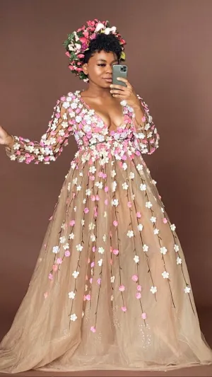 Oyemwen Nude Long Sleeve Floral Appliqué Dress