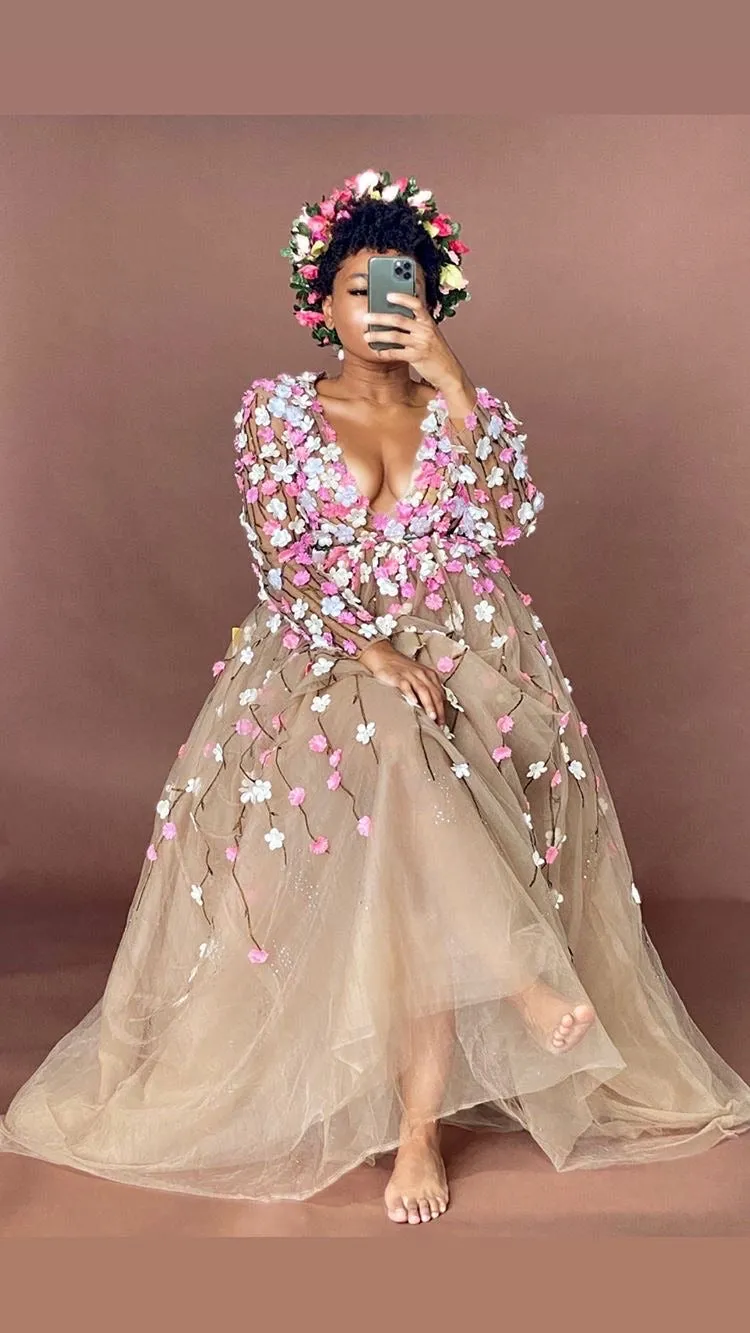 Oyemwen Nude Long Sleeve Floral Appliqué Dress
