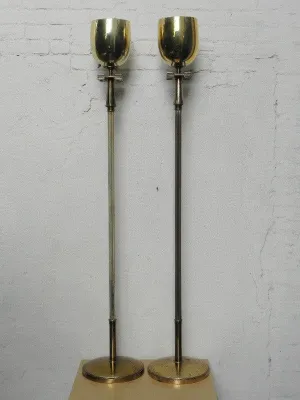Pair Deco Regency Solid Brass Torchiere Floor Lamps in the Style of Tommi Parzinger