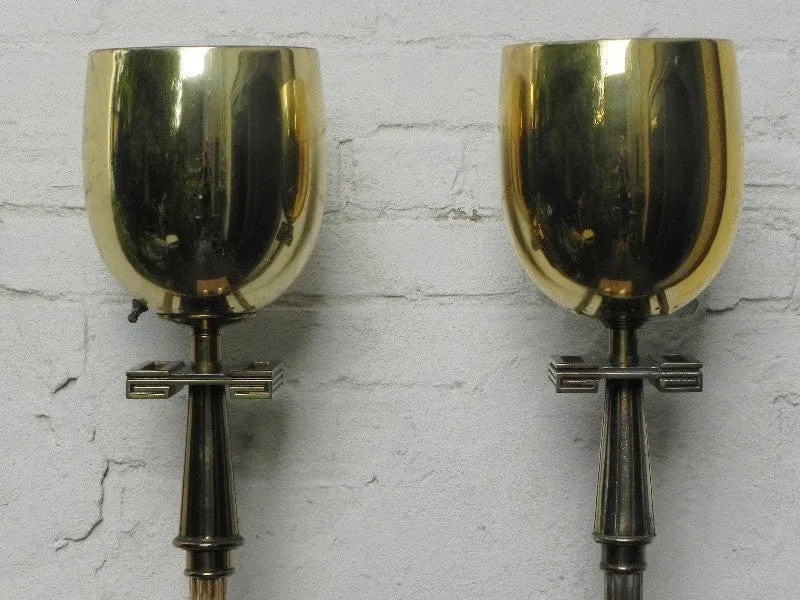 Pair Deco Regency Solid Brass Torchiere Floor Lamps in the Style of Tommi Parzinger