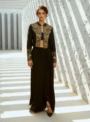 Parakeet black jacket and draped skirt set