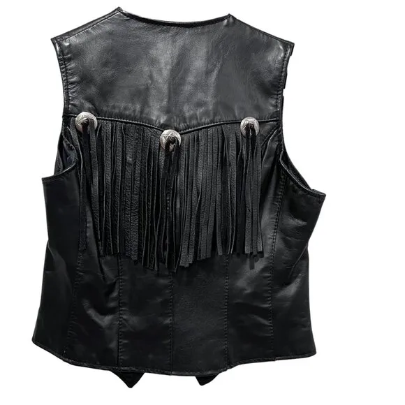Park V Western Leather Fringe Vest, Vtg, USA, Black, 10